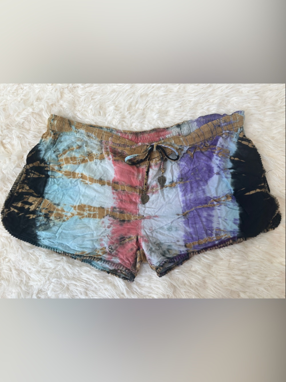 Tie-Dye Drawstring Shorts with Velvet Bauble Trim